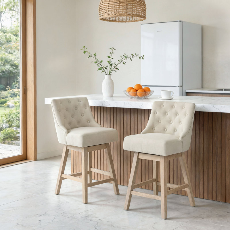 25.6" Swivel Bar Stools Set Of 2, Counter Height Barstools With Back, Linen Fabric Upholstered Bar Stools, Modern Barstools Wood Legs For Kitchen Island Dining Room Bar