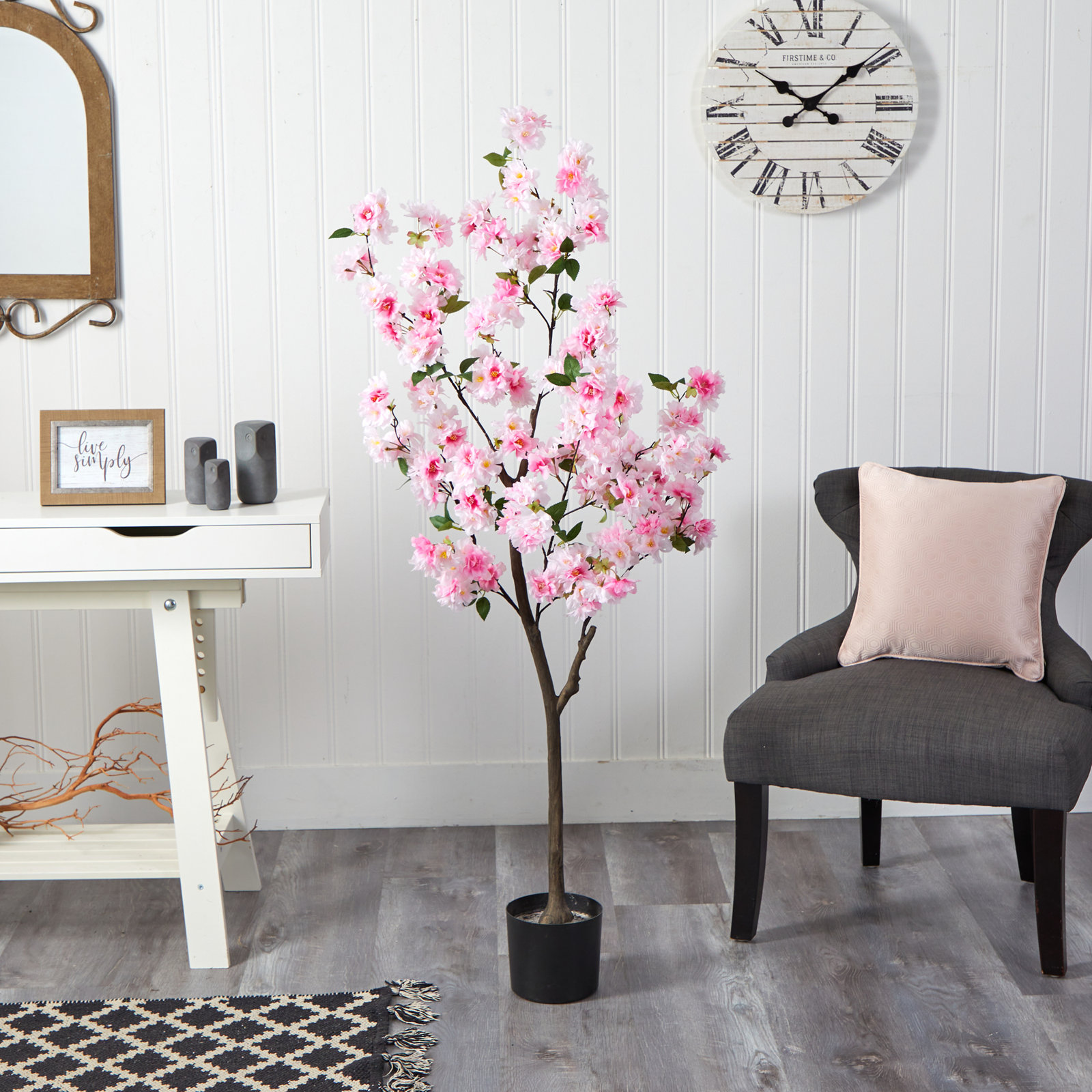 Faux Cherry Blossom Tree in Planter, Pink, 60" H x 24" W x 12" D