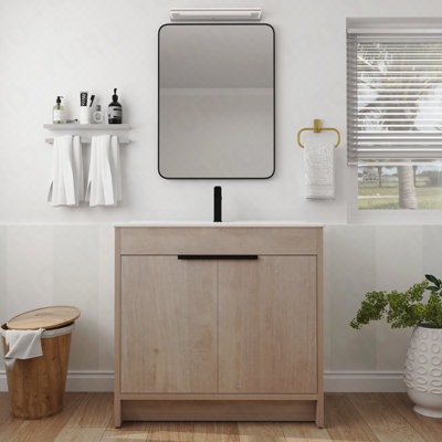Meuble-lavabo autoportant de 36 pouces avec lavabo en céramique blanche et 2 portes d'armoire à fermeture en douceur (Bvb02436plo-F-Bl9090b), W1286s00063