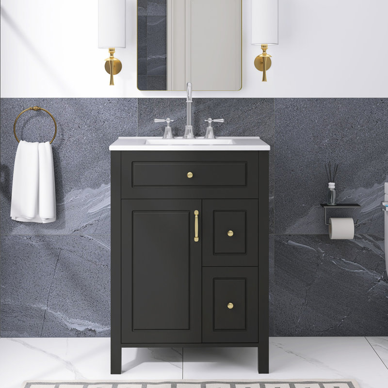 Meuble-lavabo autoportant 24 po noir avec lavabo intégré en céramique blanche, Noir, noir, noir, noir
