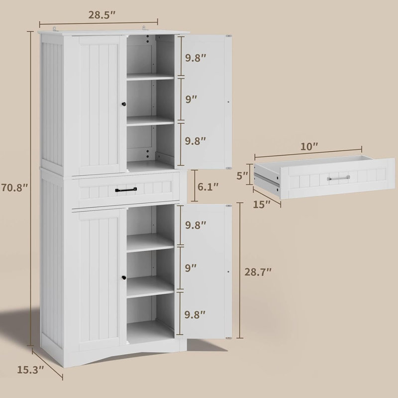 Orys 71'' Freestanding Pantry Cabinet with Drawer, Adjustable Shelves, Magnetic Doors, and Anti-Tip Design, White
