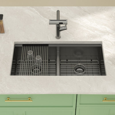 Évier de cuisine encastrable 36 po L 19 po x l 19 po en acier inoxydable, double cuve 50/50 de couleur bronze industriel avec grille d'évier, planche à découper, passoire, crépine et support à enrouler