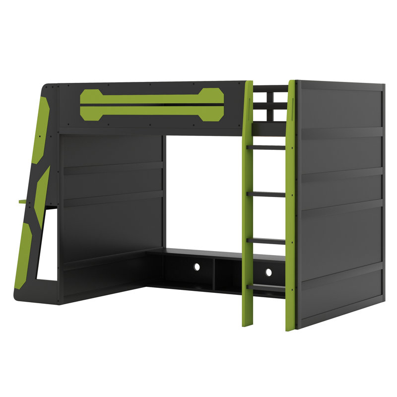 Lit mezzanine en bois avec bureau, tablettes multiples et lumière RVB, Vert