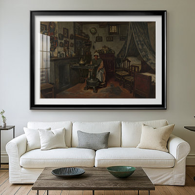 «Woman by a Stove in a Interior» par Henri De Braekeleer, reproduction encadrée avec passe-partout et verre Fin du 19e siècle