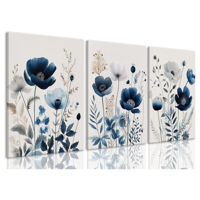 Bleu marine, art mural sur toile bleu et gris, fleur de bohème, décoration murale, aquarelle, impressions sur toile, peinture pour salon, salle de bain, 3 pièces, 12 x 16 po, encadrée