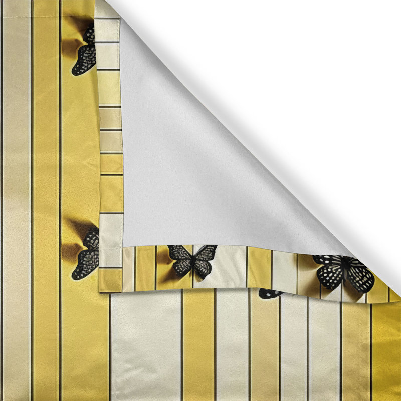 Mustard Grey Yellow Butterfly Striped Satin Rod Pocket Valance
