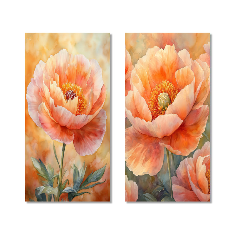 Golden pivoine I - Collection d'art sur toile floral 2 pièces, Toile tendue, H 32 po x l 33 po