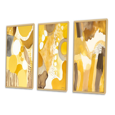 «Mustard Yellow Dreams Retro Watercolor I», ensemble d'art moderne de style Mid-Century de 3 pièces