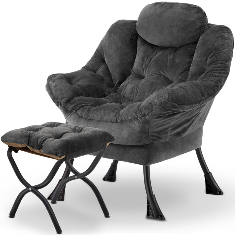 Soft Fabric Lazy Chair With Foling Ottoman,Thick Padded Modern Accent Armchair,Contemporary Lounge Chair With Side Pocket,Reading Chair With Footstool For Bedroom,Living Room
