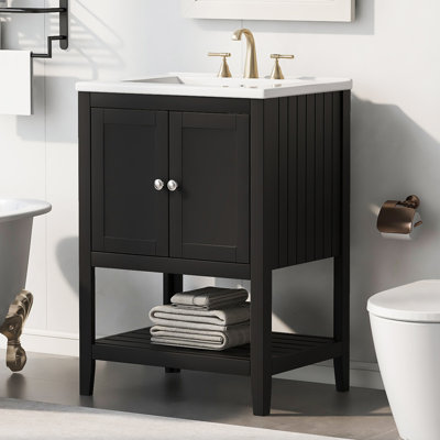 Lavabo de meuble-lavabo moderne élégant en céramique 24 po avec tablette ouverte en bois massif Legault