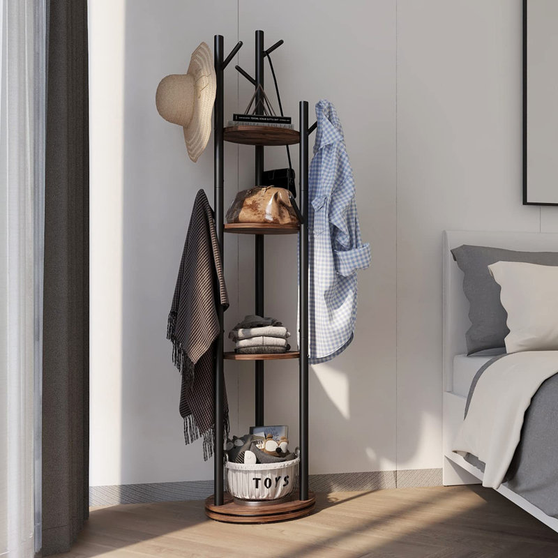 Rotary Coat Rack Freestanding Metal Coat Hall Tree Stand With 4 Tiers Storage Display Shelf And 9 Hooks For Entryway Bedroom Corner Office Garment Clothes Holder