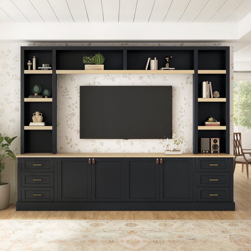 102.3"W Farmhouse Entertainment Center With Bridge Shelves, Rustic Media Console Center Cabinet For Living Room, Black