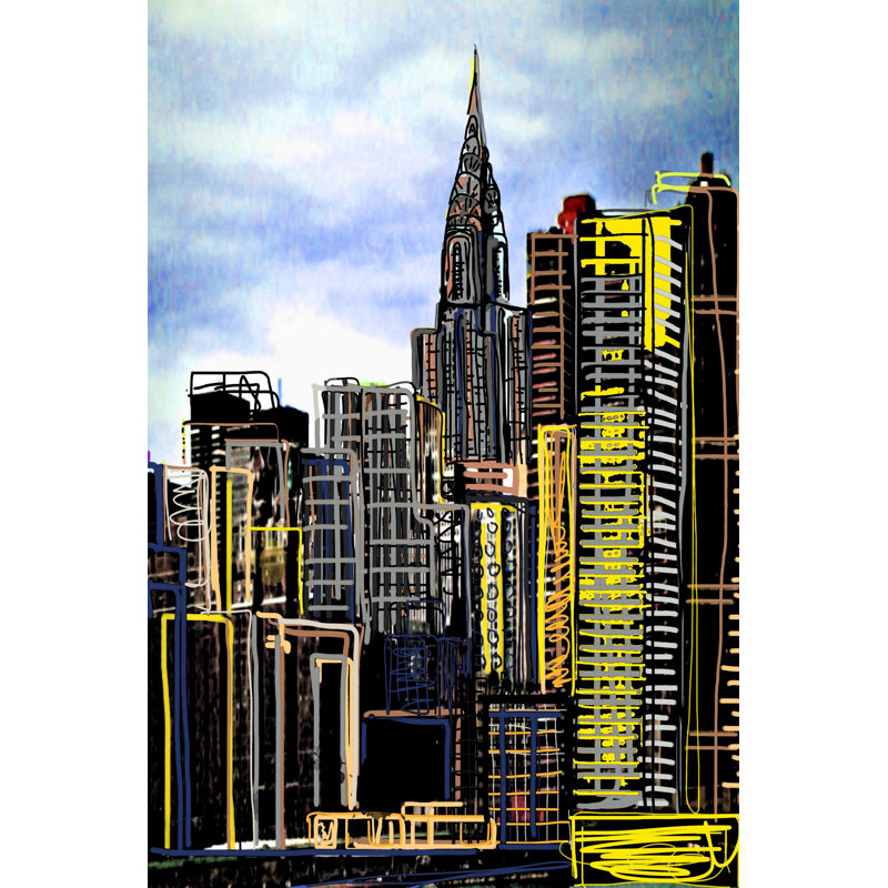 Urban Skyline Nightscape Canvas Print in Blue and Yellow