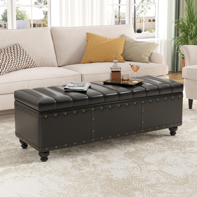 Banc repose-pieds en similicuir avec rangement pour chambre, Noir