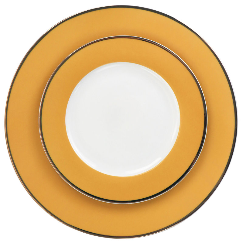 Yellow Ceramic 12-Piece Dinnerware Set with Gold Rim