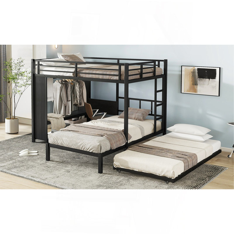 Lit superposé double au-dessus de simple avec garde-robe intégré, lit superposé en métal avec lit gigogne, bureau pliable, échelles, conception à réduction de bruit, noir