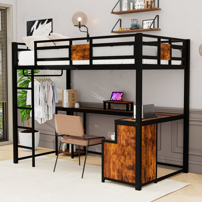 Twin XL 2 Drawers Metal Loft Bed with Built-in-Desk and Storage
