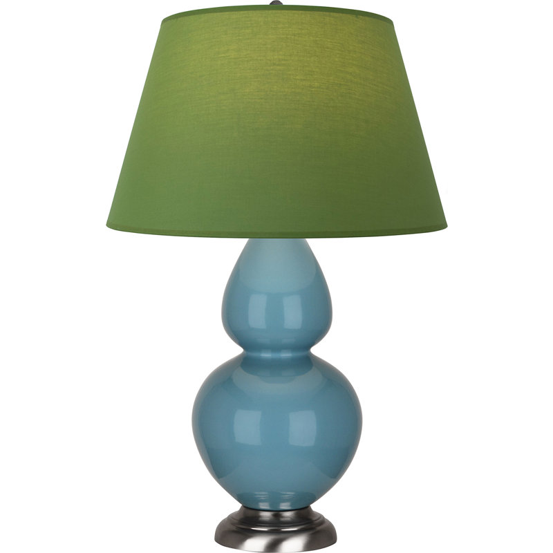 Lampe de table double gourde en céramique, Thé vert / taupe, Bleu acier émaillé / argent antique, Argent argent