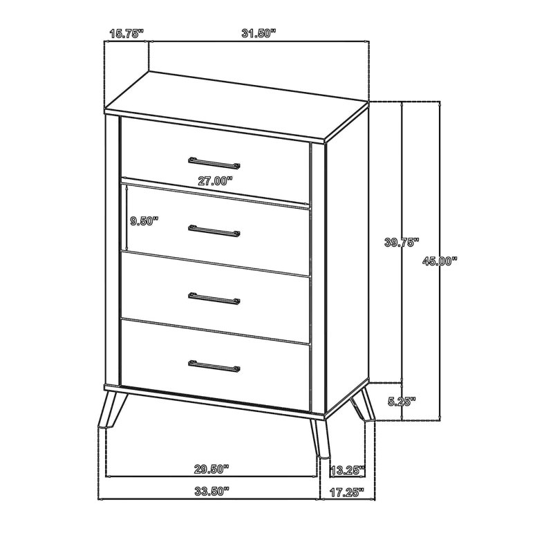 Commode haute 4 tiroirs, bois de pin brun foncé patiné Wemy