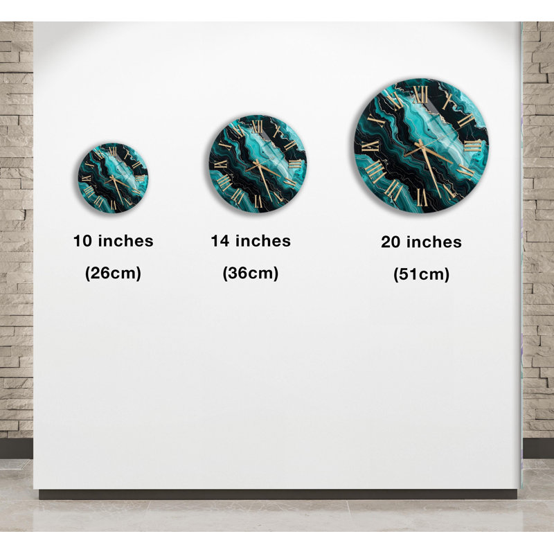Horloge murale en verre trempé abstrait turquoise doré, horloge d'art moderne, horloge décorative, horloge murale unique, grande décoration murale, idée de cadeau