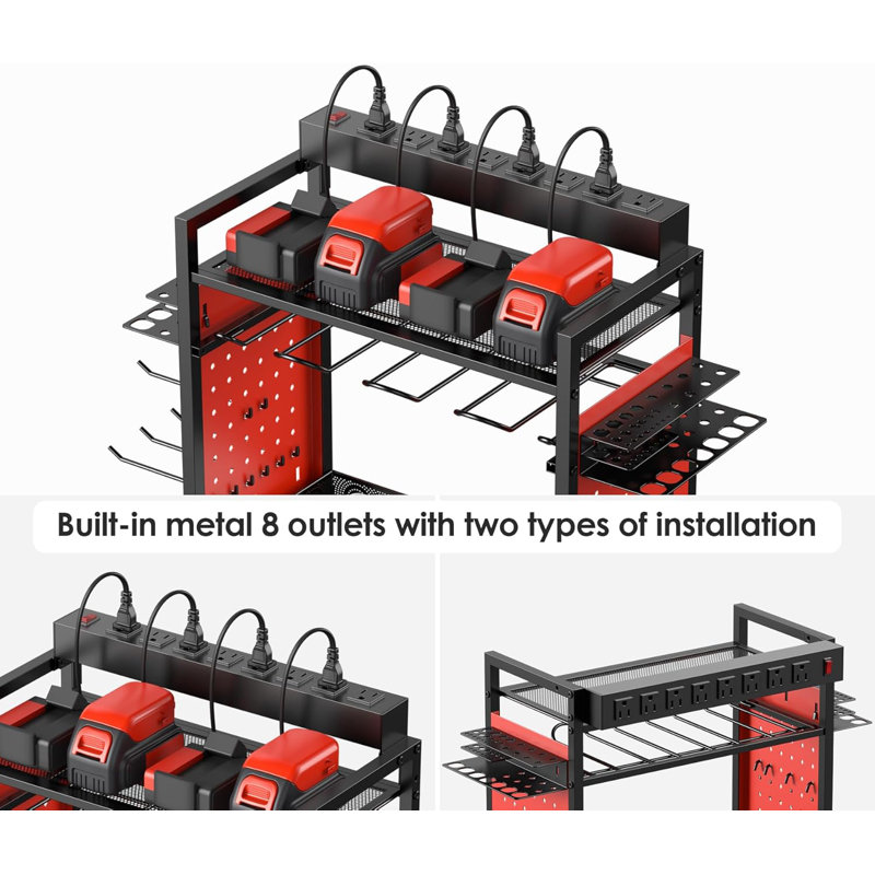 Rolling Tool Cart With Power Strip & Charging Station For Mechanics
