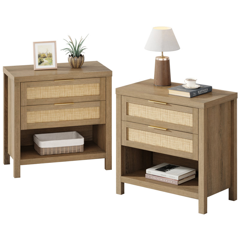 Rattan Nightstands Set Of 2, Farmhouse Bedside Table With 2 Drawers And Storage Shelf, Set of 2, Oak