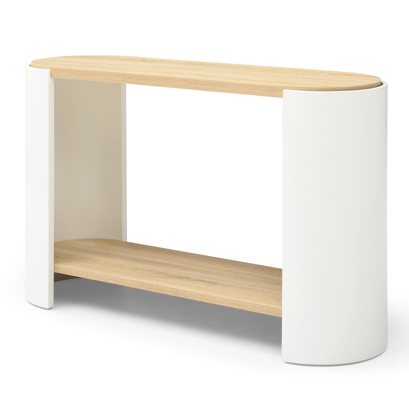 Table basse ovale 2 couches pour la chambre à coucher, naturelle et blanche, simple à assembler, côté chambre à coucher avec tablettes, assemblage charmant