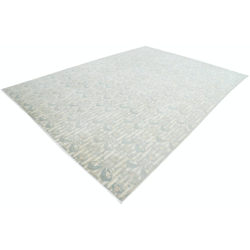 Tapis bleu clair en laine noué à la main 9,8 x 13,3 pi, motif damassé traditionnel