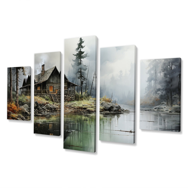  «Lakehouse Shades Of Serenity III - Impression sur toile de paysages - 5 panneaux