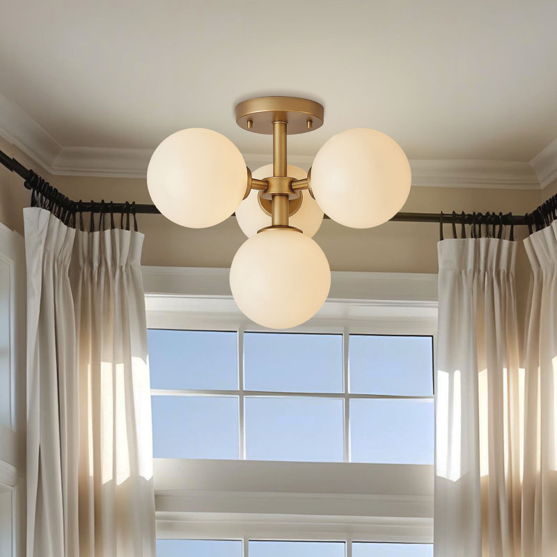 Modern Multi-Light Flush Mount – Metal, Glass & Gold, Ivory White Globe 4-Light Hardwired Dimmable Ceiling Light for Living Room or Bedroom in Modern, Mid-Century, and Contemporary Style