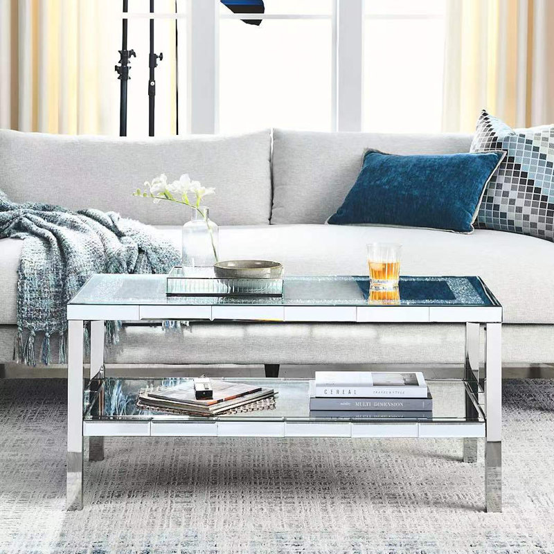 Table basse, cadre en acier inoxydable à miroir en cristal à 2 couches pour une utilisation dans les bureaux, les magasins, les salons ou les chambres