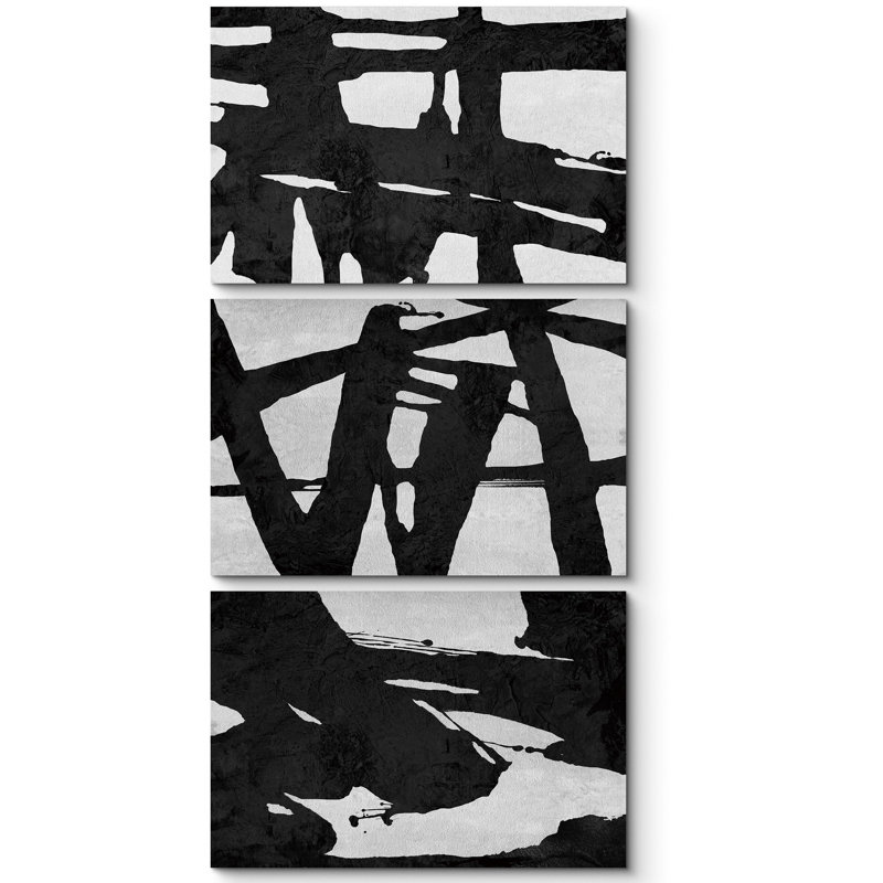 "Formes abstraites de peinture à l'encre noire et grise", 3 pièces, Toile tendue, H 24 po x l 36 po