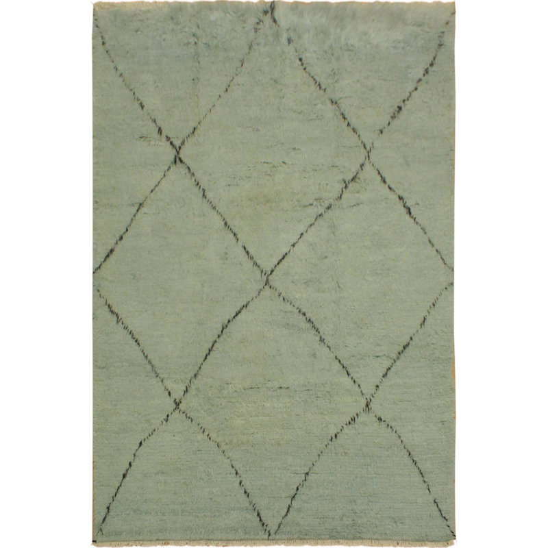 Tapis géométrique vert en laine noué à la main 6 pi 5 po x 9 pi 9 po Branham