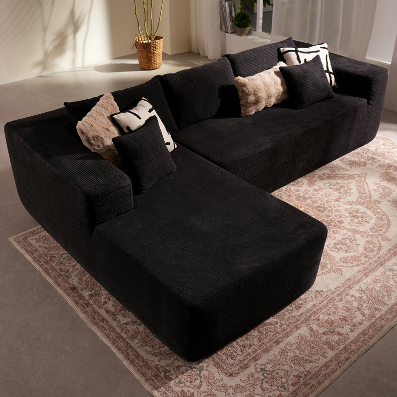 Boneless No Assembly Required Compression Packed 2 - Piece Corduroy Sofa, Black Polyester