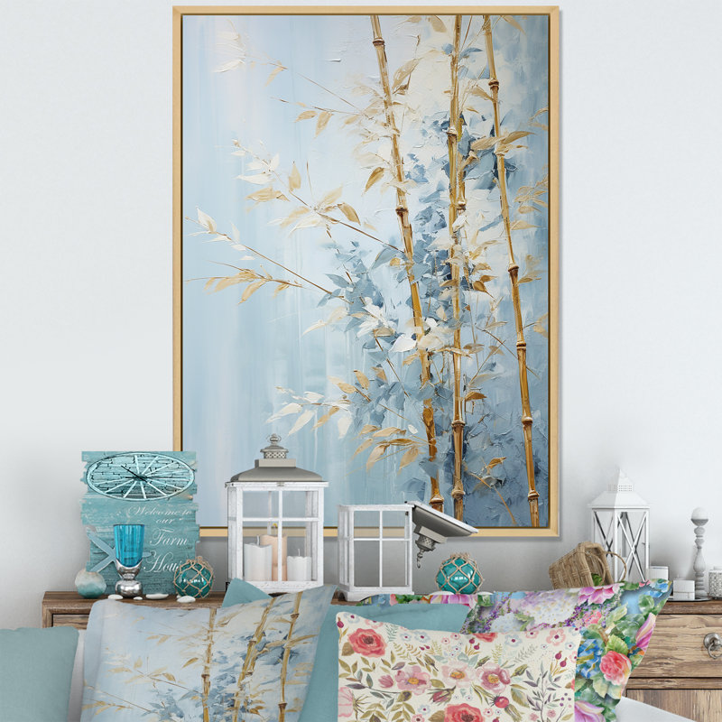 Or et bambou bleu sur toile, H 32 po x l 16 po x P 1 po, Cadre naturel flottant