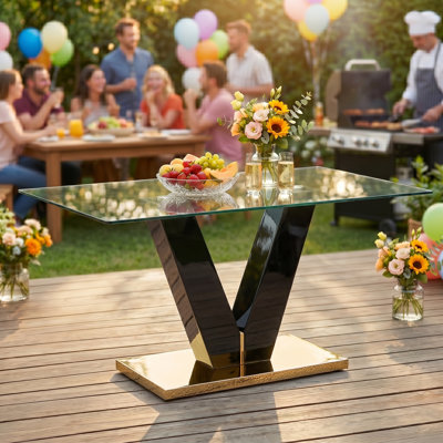 Modern Rectangular Tempered Glass Dining Table with V-Shaped Pedestal and Metal Base