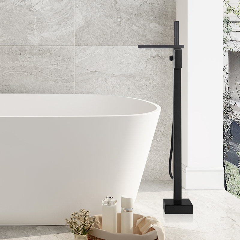 Single Hnadle Floor Mounted Tub Filler Freestanding Bathtub Faucet with 2 Function Handheld and Diverter, Solid Brass Tub Faucet