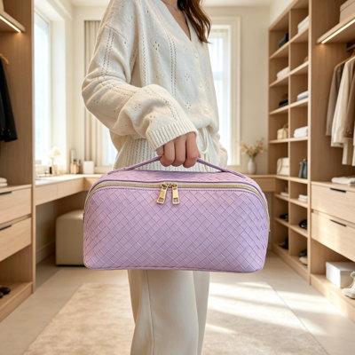 Trousse de maquillage portable en cuir PU tressé, pochette de rangement pour cosmétiques, trousse de toilette imperméable, organisateur de cosmétiques haut de gamme pour femmes, idéal pour les voyages et le quotidien, violet