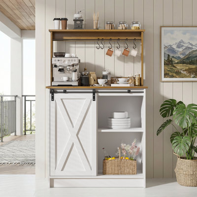 Abrianna Farmhouse Coffee Bar Cabinet with Sliding Barn Door,  with Adjustable Shelves, Buffet Cabinet with Storage Wine Bar Cabinet for Kitchen Living Dining Room