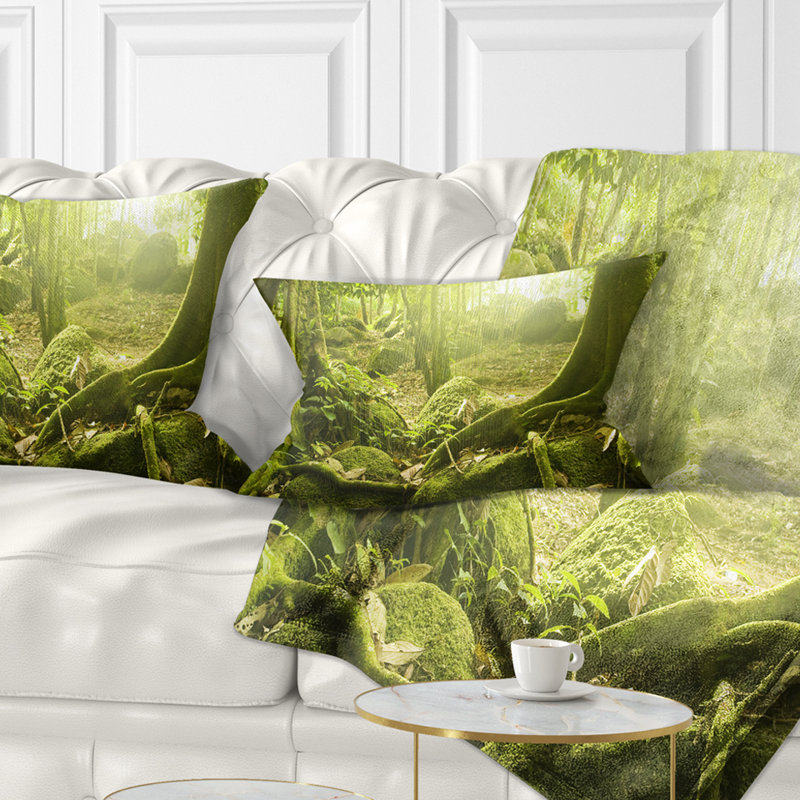 Coussin vert forêt avec soleil, 12 po x 20 po, Rectangulaire