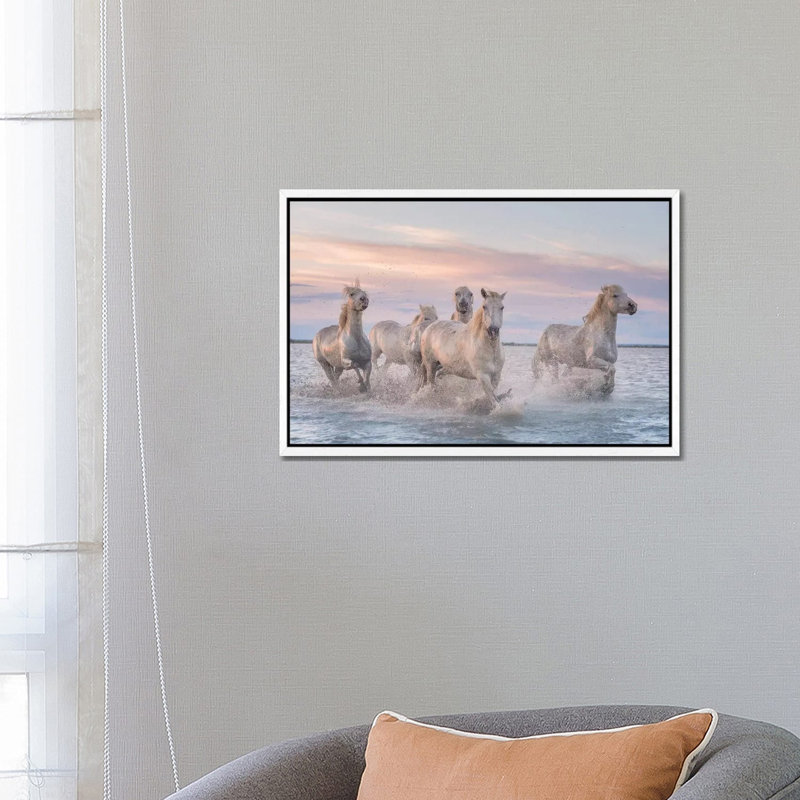 White Angels Of Camargue XXXI by Daniel Kordan - Print on Canvas, White Framed, 66.04 cm H x 45.72 cm W