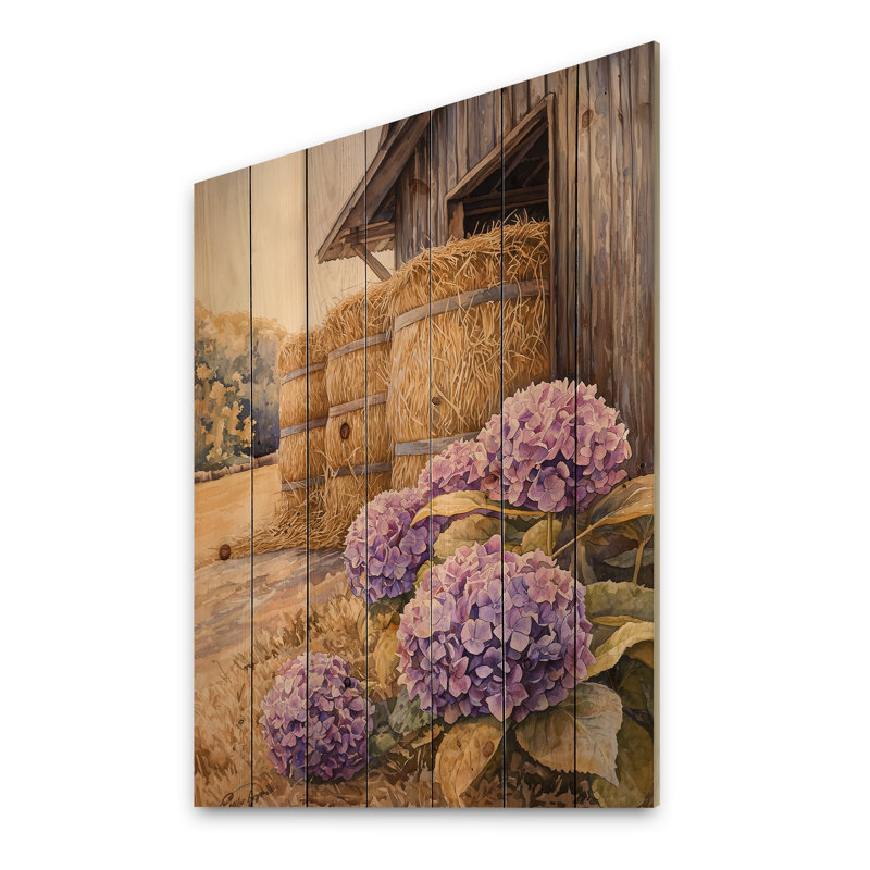 Hortensias dans le Hayloft I - impression d'hortensias sur bois de pin naturel, H 40 po x l 30 po x P 0,78 po