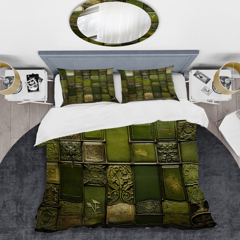 Ensemble de housse de couette Green Stones Tiles I - Abstract Tile, Housse de couette simple + 1 taie décorative stan