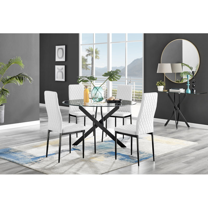 Tierra Modern Chrome Metal & Glass Round Dining Table Set with 4 Quilted Faux Leather Chairs, White/Black