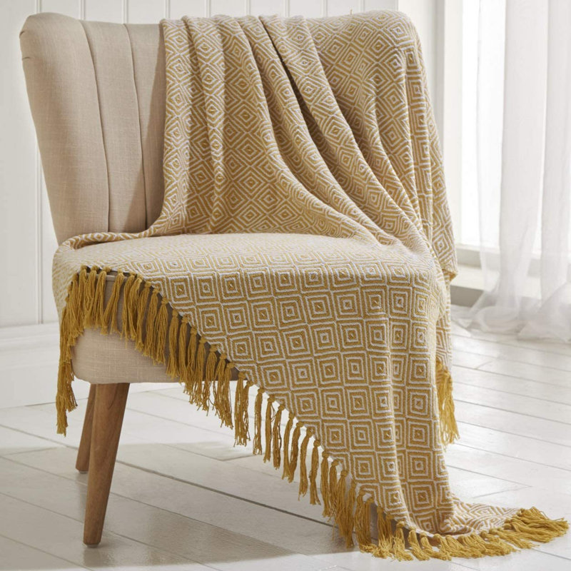 Laoise Throw Blanket with Tassel Trim, W180 x L250cm, Ochre
