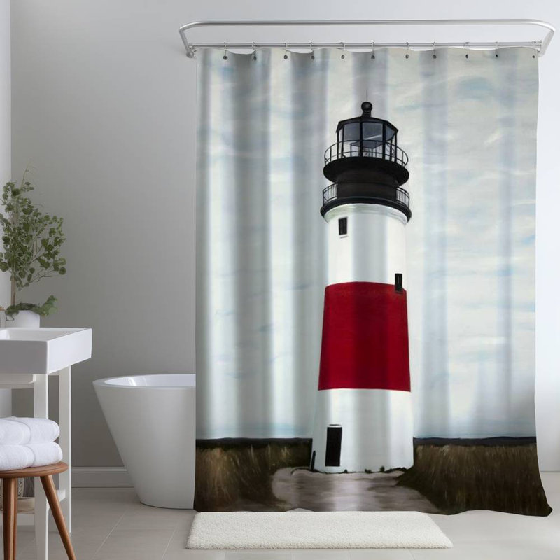 Sankaty Head Lighthouse Blue – Polyester Shower Curtain, Dye Sublimation Print, 71" W × 74" L