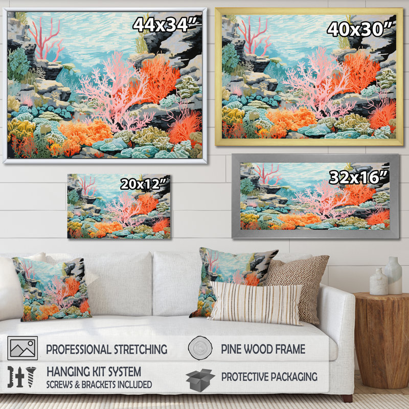 Corail et anémone IV sur toile, Cadre doré à coins fermés, H 24 po x l 32 po x P 1 po