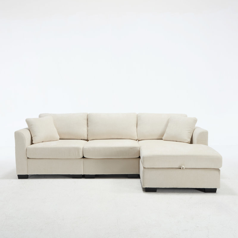 Multifunctional Storage Sofa with Double-Sided USB & Hidden Ottoman Storage, Beige Chenille