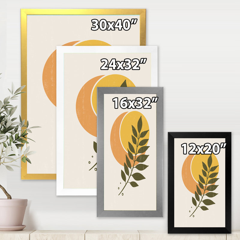 Abstrait géométrique soleil et lune avec feuille V - Impression sur toile, H 32 po x l 16 po x P 1,5 po, Toile encadrée d'or