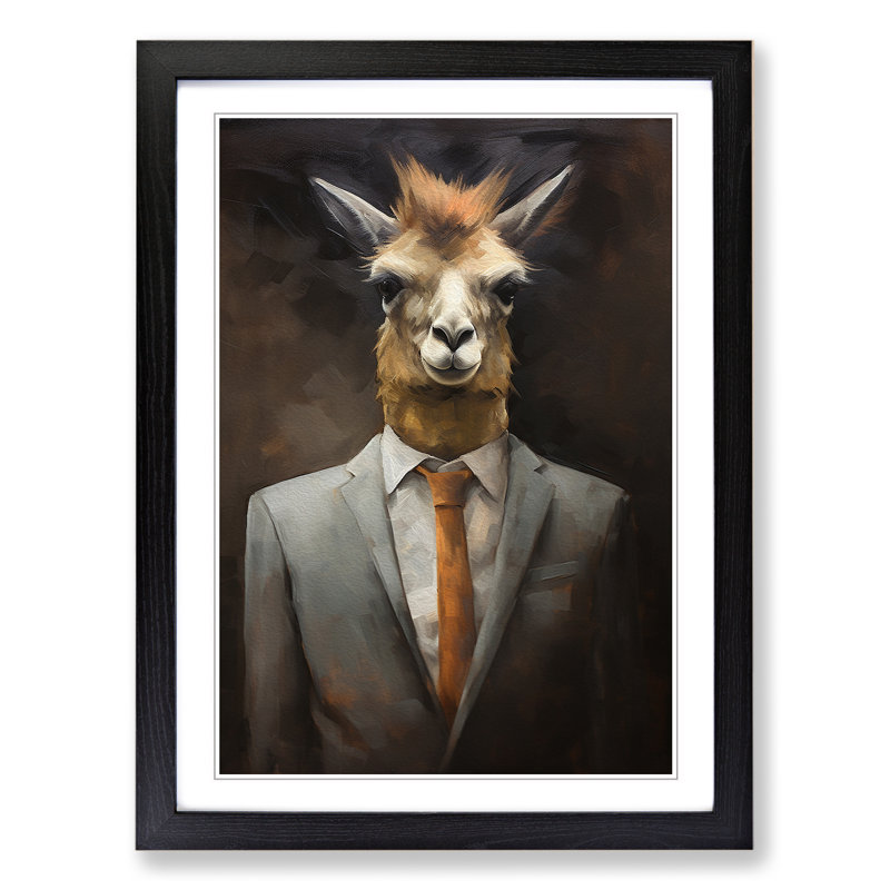 Llama In A Suit - Single Picture Frame Print on Wood, 46cm H x 34cm W x 2cm D, Black